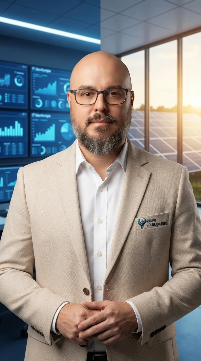 Consultor do Grupo Solucionando de terno bege, com painéis de dados de TI de um lado e uma usina solar ao nascer do sol do outro